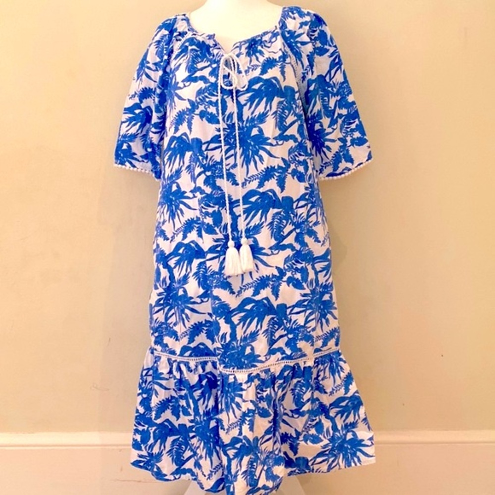 eShakti blue & white tropical print 100% cotton dress w/ tiered skirt Sz 6